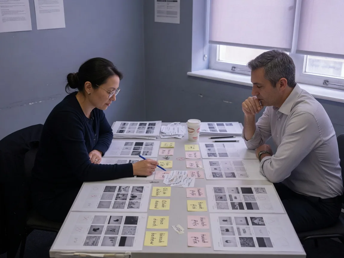 Two colleagues review printed contact sheets and notes at a small agency table.