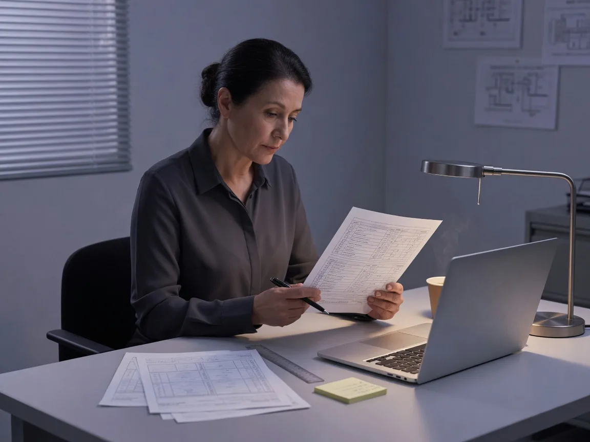 An operator reviews a printed checklist at a quiet desk with no visible credentials.