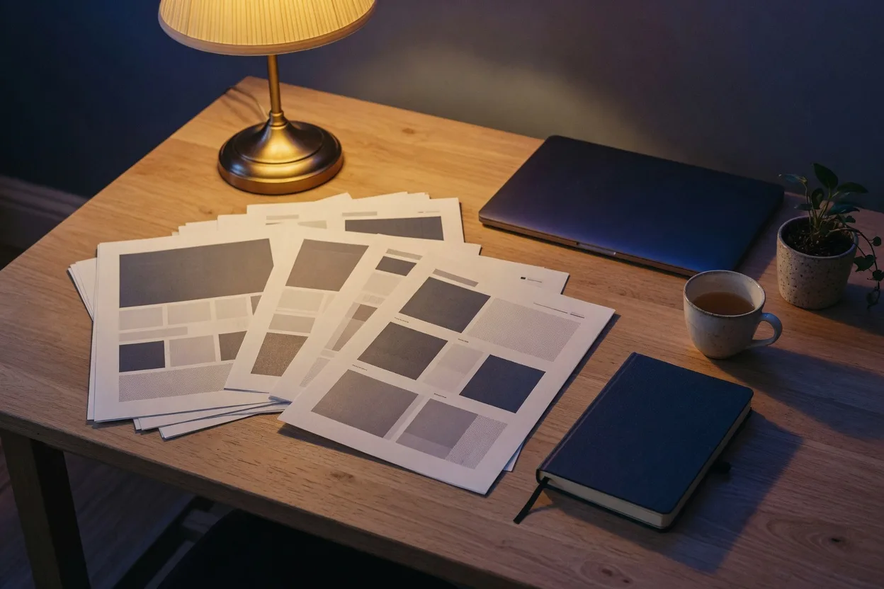 An evening studio desk with a brass lamp, closed laptop, and printed page layouts.