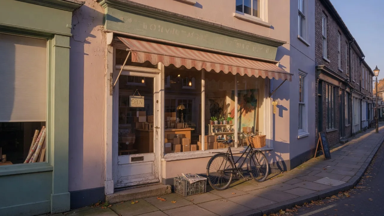 A small independent shop on a quiet street at late afternoon, with a bicycle outside.