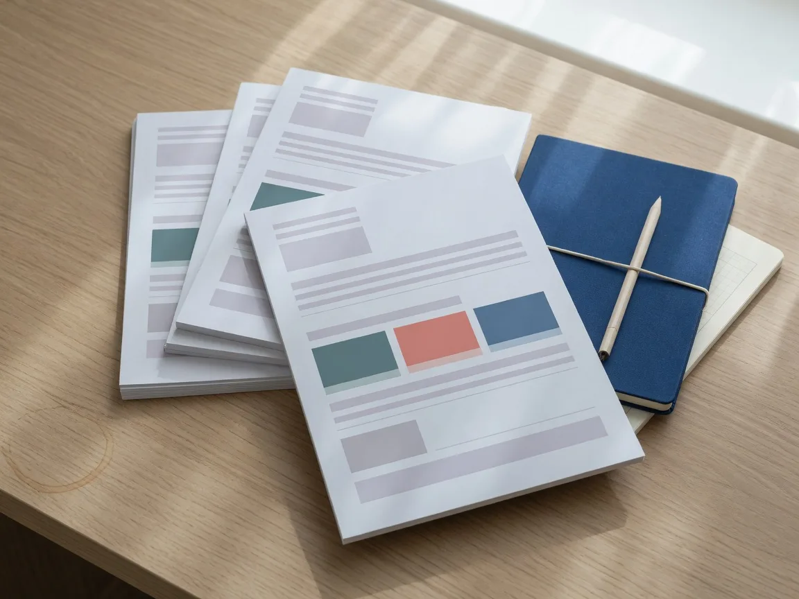 Printed website briefs stacked on a light oak desk beside a blue notebook.