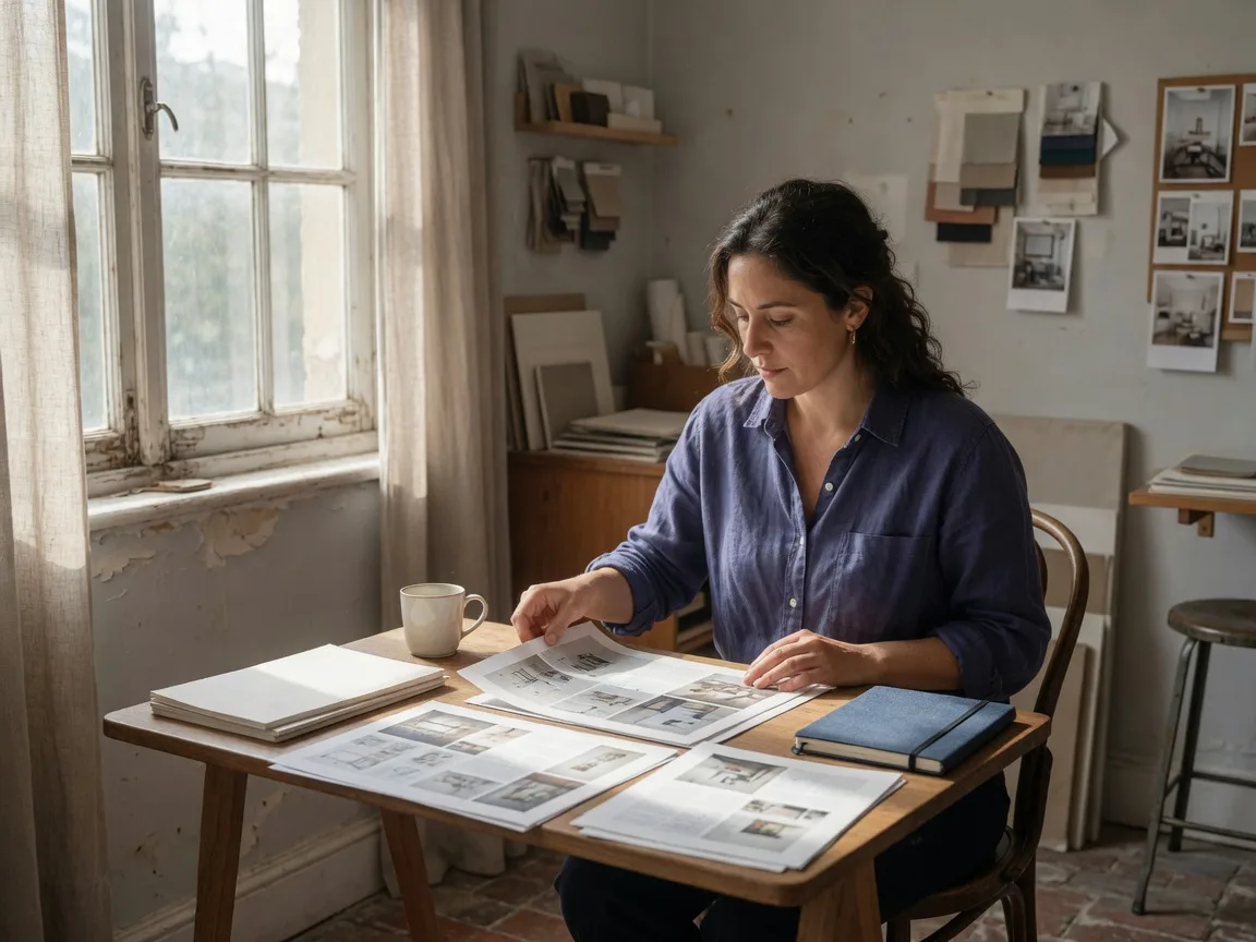 A studio owner reviews printed page layouts beside a window.