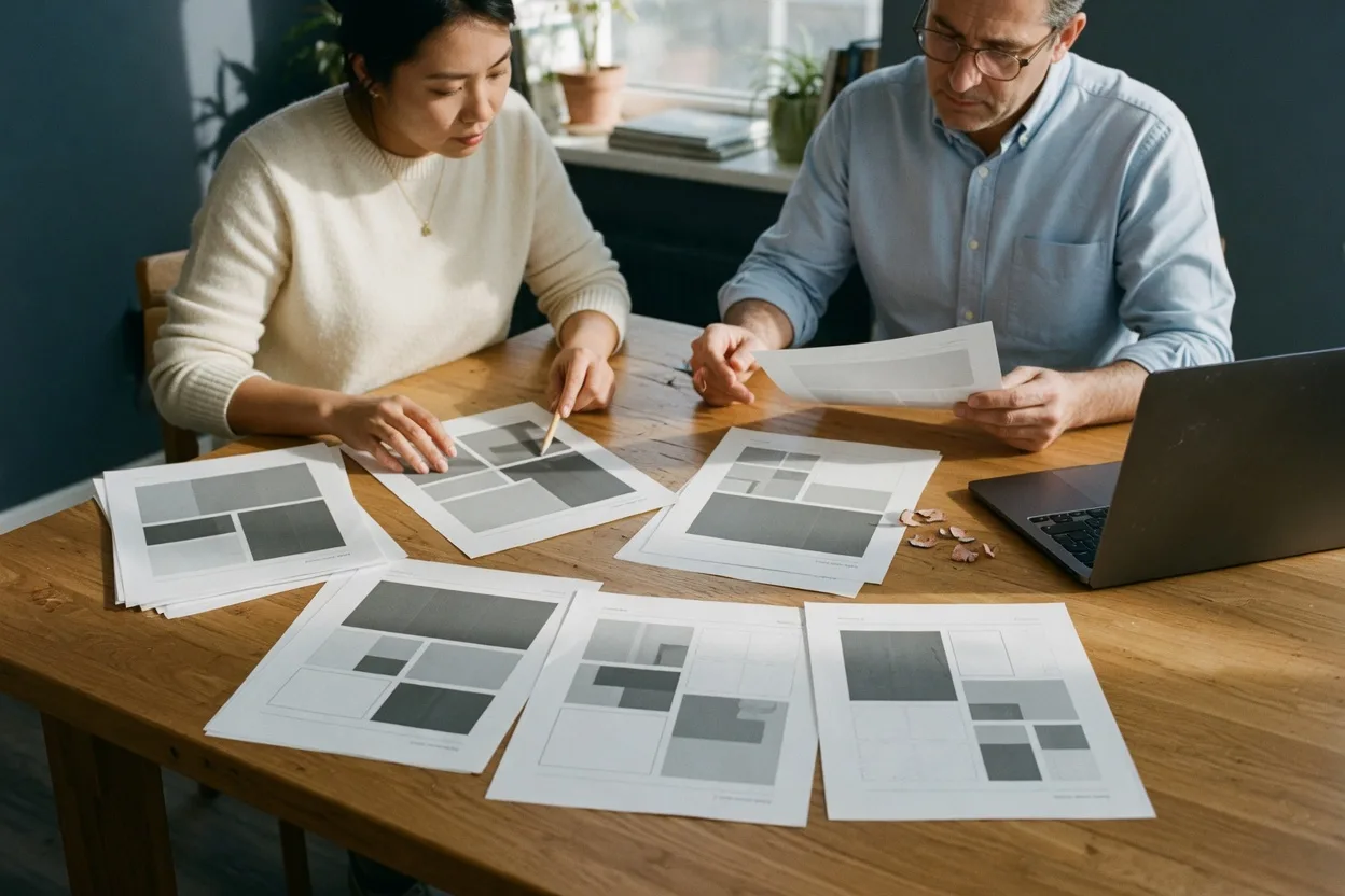Two colleagues review printed website briefs at a sunlit oak table.