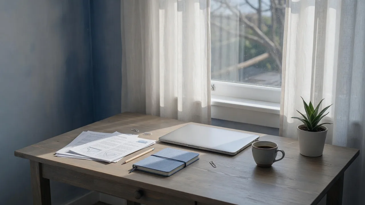 A calm website studio desk with a closed laptop, printed briefs, and a notebook beside a window.